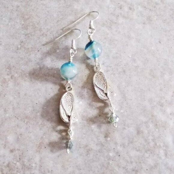 Ombre Sea Blue! Matched Bracelet + Earring Set! Silver Flip Flops & Blue Agates! - Picture 3 of 10